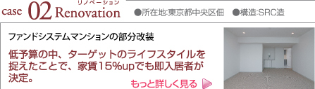 case02 Renovation ●所在地:東京都中央区佃 ●構造:SRC造 木造賃貸アパートの全面改装 低予算の中、ターゲットのライフスタイルを捉えたことで、家賃15%upでも即入居者が決定。