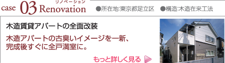 case03 Renovation ●所在地:東京都足立区 ●構造:木造在来工法 木造賃貸アパートの全面改装 木造アパートの古臭いイメージを一新、完成後すぐに全戸満室に。