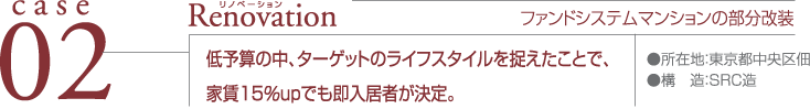 case02 Renovation ●所在地：東京都中央区佃 ●構造：SRC造 木造賃貸アパートの全面改装 低予算の中、ターゲットのライフスタイルを捉えたことで、家賃15%upでも即入居者が決定。