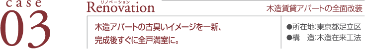 case03 Renovation ●所在地：東京都足立区 ●構造：木造在来工法 木造賃貸アパートの全面改装 木造アパートの古臭いイメージを一新、完成後すぐに全戸満室に。