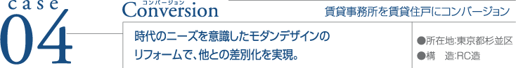 case04 Conversion ●所在地：東京都杉並区 ●構造：RC造  賃貸事務所を賃貸住戸にコンバージョン 時代のニーズを意識したモダンデザインのリフォームで、他との差別化を実現。
