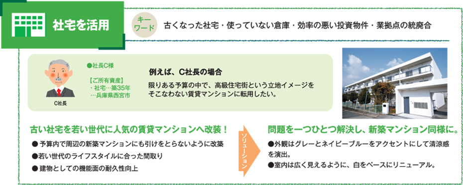 社宅を活用／古くなった社宅・使っていない倉庫・効率の悪い投資物件・業拠点の統廃合