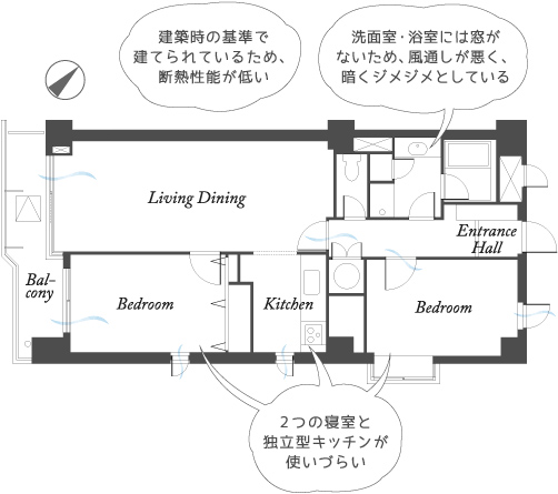 建築時の基準で建てられているため、断熱性能が低い／洗面室・浴室には窓がないため、風通しが悪く、暗くジメジメとしている／2つの寝室と独立型キッチンが使いづらい