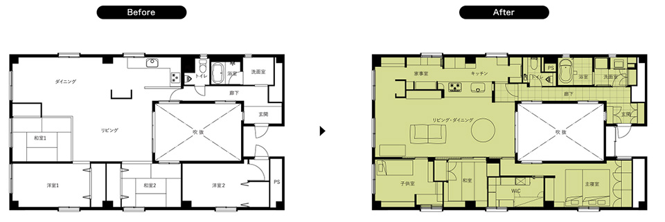 ビフォーアフター平面図、４LDKから３LDKに変更した実例
