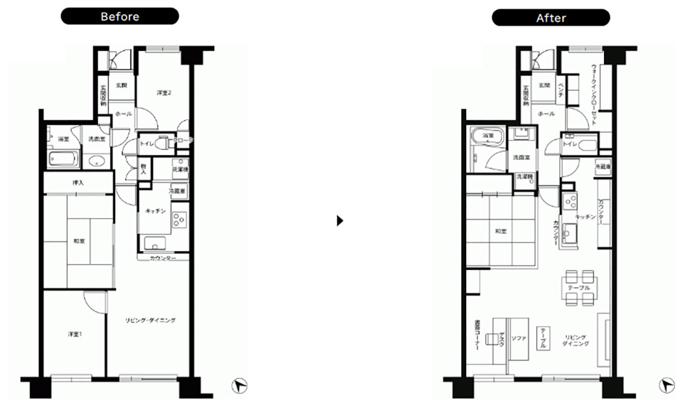 ビフォーアフター平面図、1LDKマンションリノベーション実例