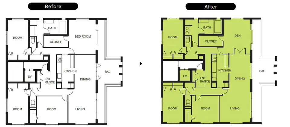 ビフォーアフター平面図、4LDKマンションリノベーション実例