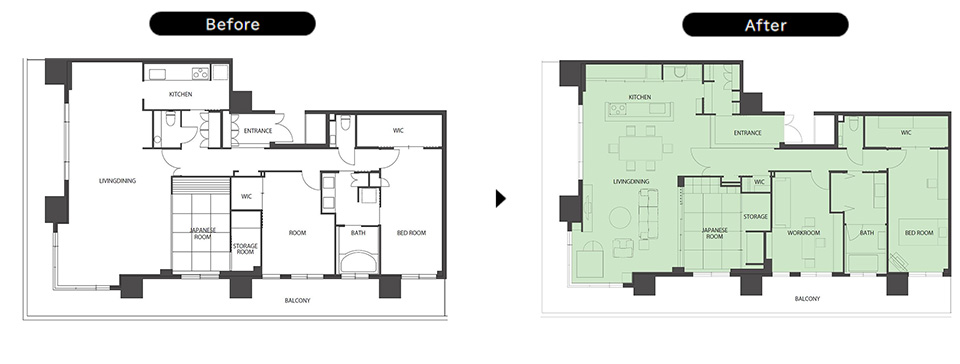 ビフォーアフター平面図、3LDKマンションリノベーション実例