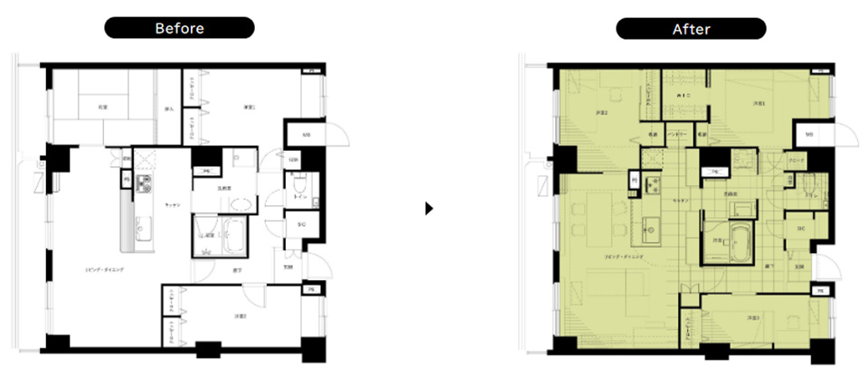 ビフォーアフター平面図、田の字型マンションリノベーション実例