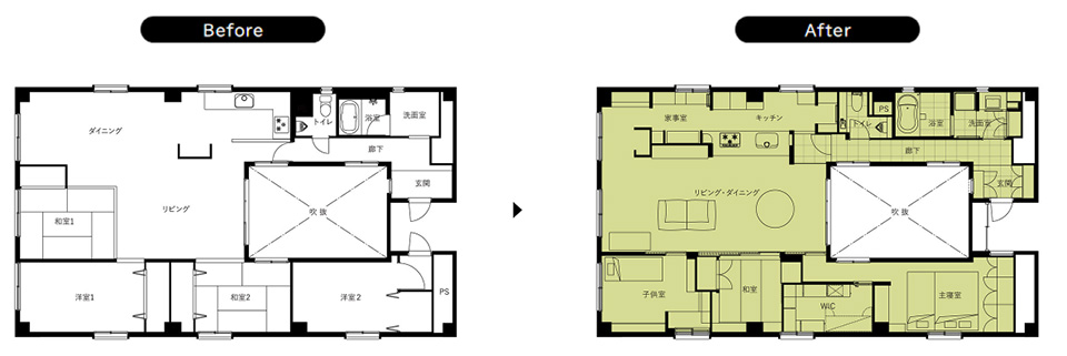 ビフォーアフター平面図、4LDKから3LDKへのマンションリノベーション実例