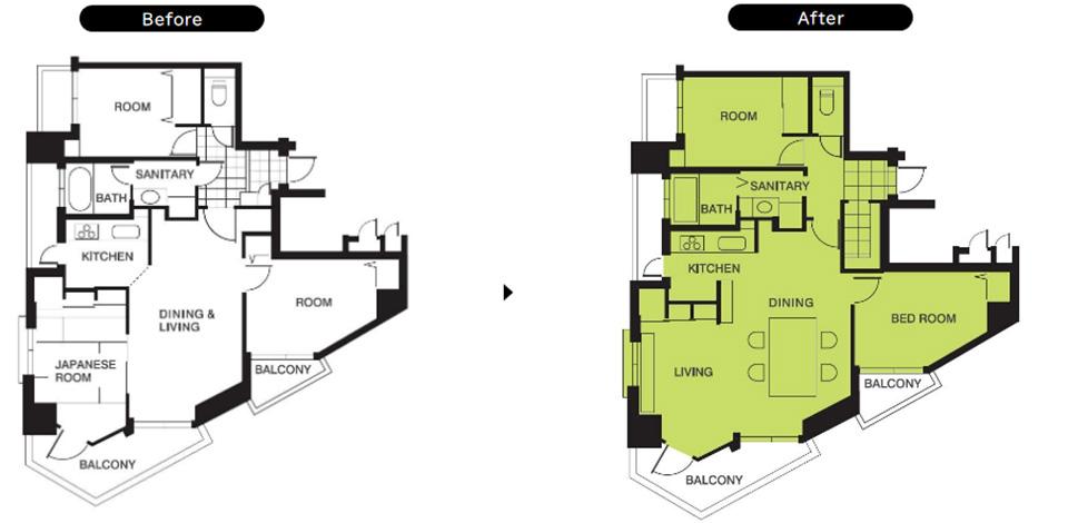 ビフォーアフター平面図、2LDKマンションリノベーション実例